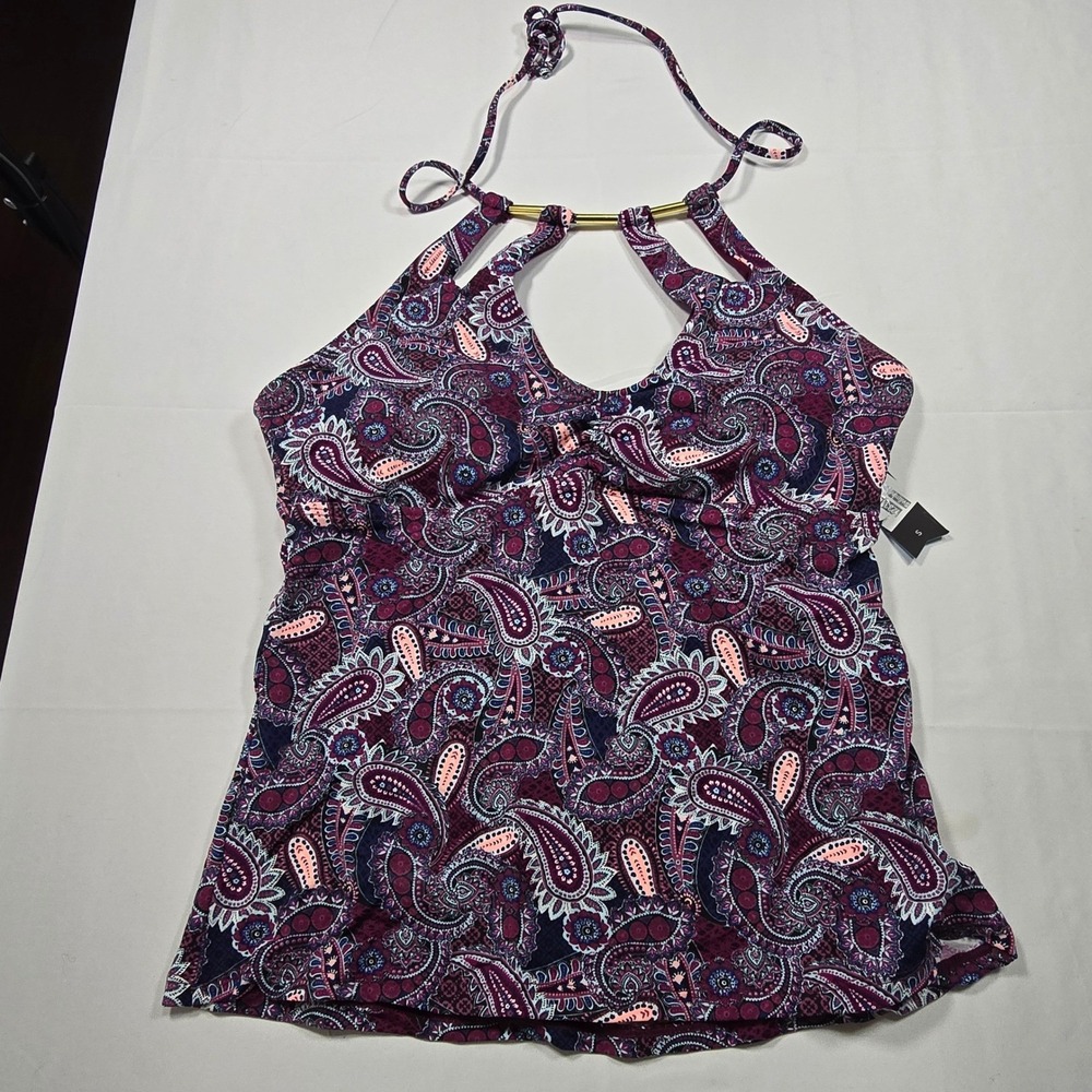 Ambrielle Boho Paisley Halter Tankini Swim Top Women's Small Purple Pink